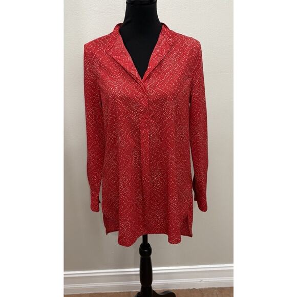 Lauren Ralph Lauren Womens Medium Red Tan Boho Retro Popover Tunic Top Blouse - Picture 1 of 11
